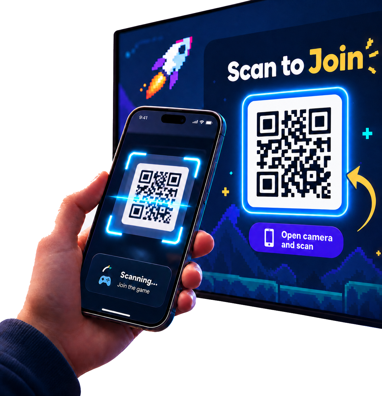 A phone scanning the QR code displayed on a RetroRally room screen
